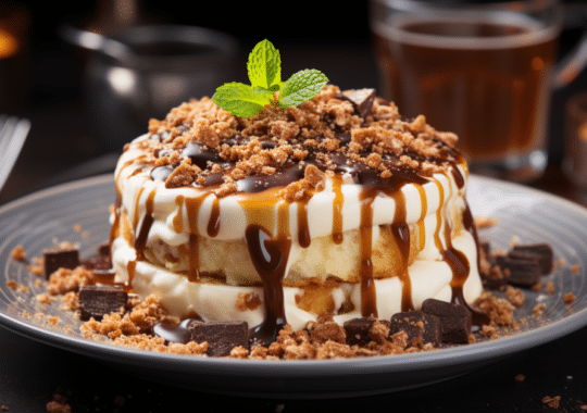 Poêlé de banane crumble petite chocolat sous mousse au chocolat blanc caramélisée