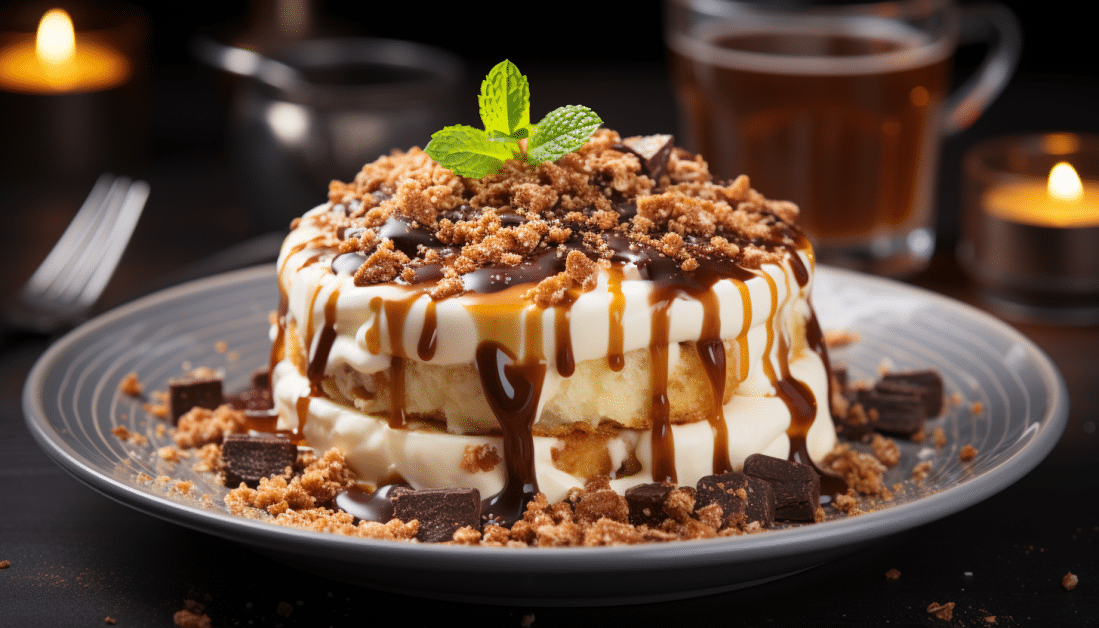 Poêlé de banane crumble petite chocolat sous mousse au chocolat blanc caramélisée