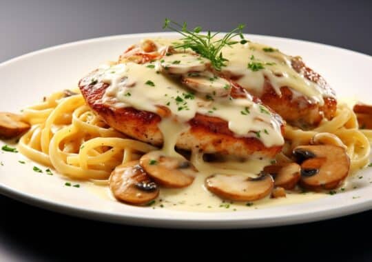 Spaghetti avec blanc de poulet, sauce au fromage et champignon