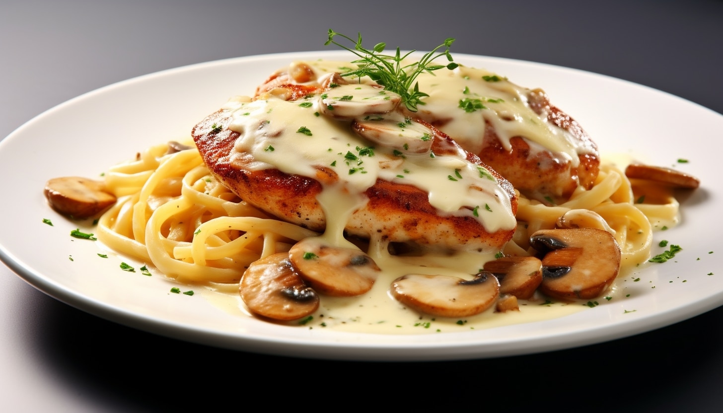 Spaghetti avec blanc de poulet, sauce au fromage et champignon