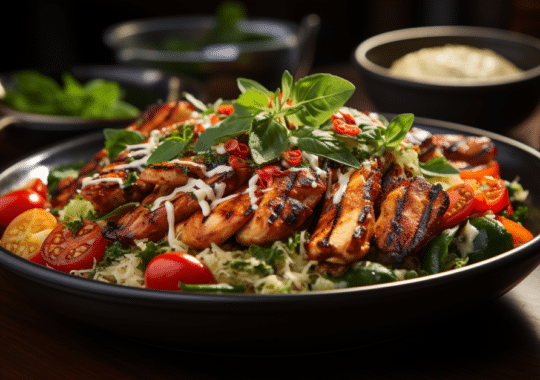 Salade de quinoa, légumes croquants et poulet grillé