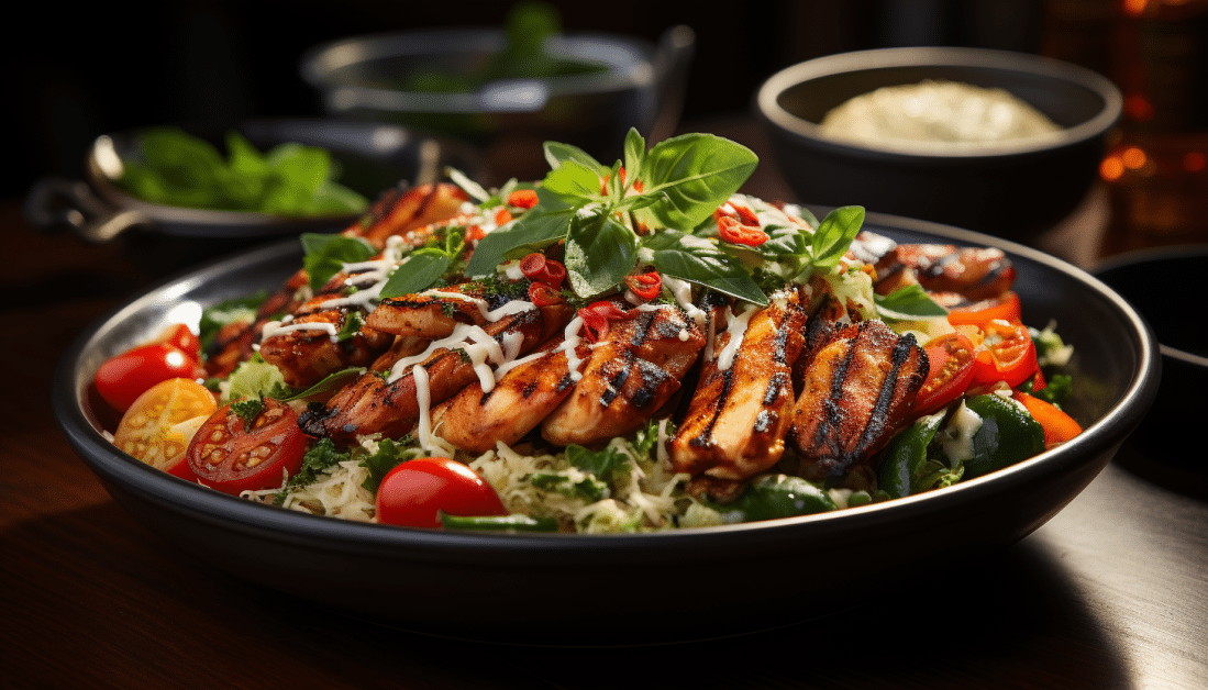 Salade de quinoa, légumes croquants et poulet grillé