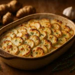Gratin de topinambours & pommes de terre à la crème d’ail
