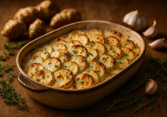 Gratin de topinambours & pommes de terre à la crème d’ail