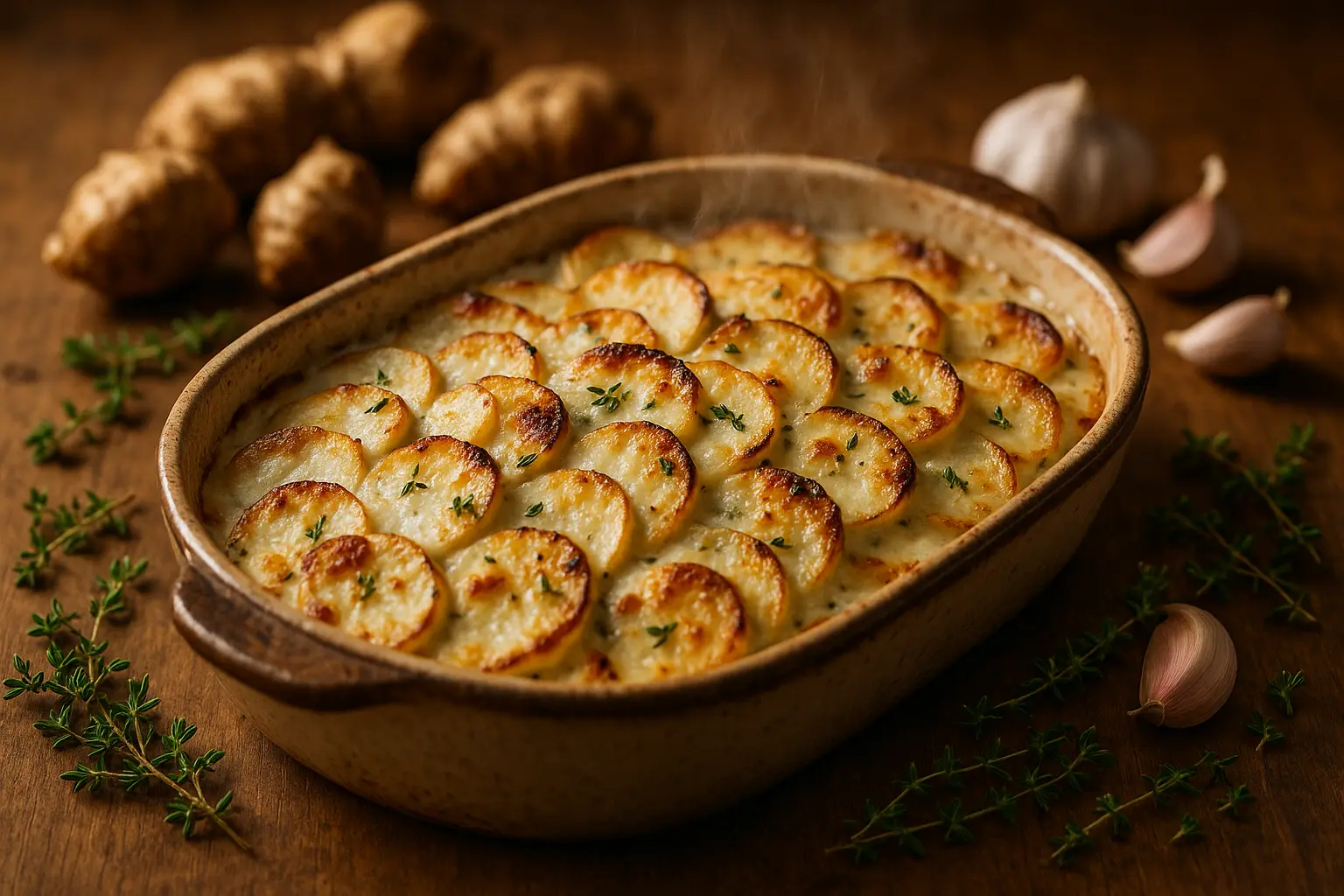 Gratin de topinambours & pommes de terre à la crème d’ail