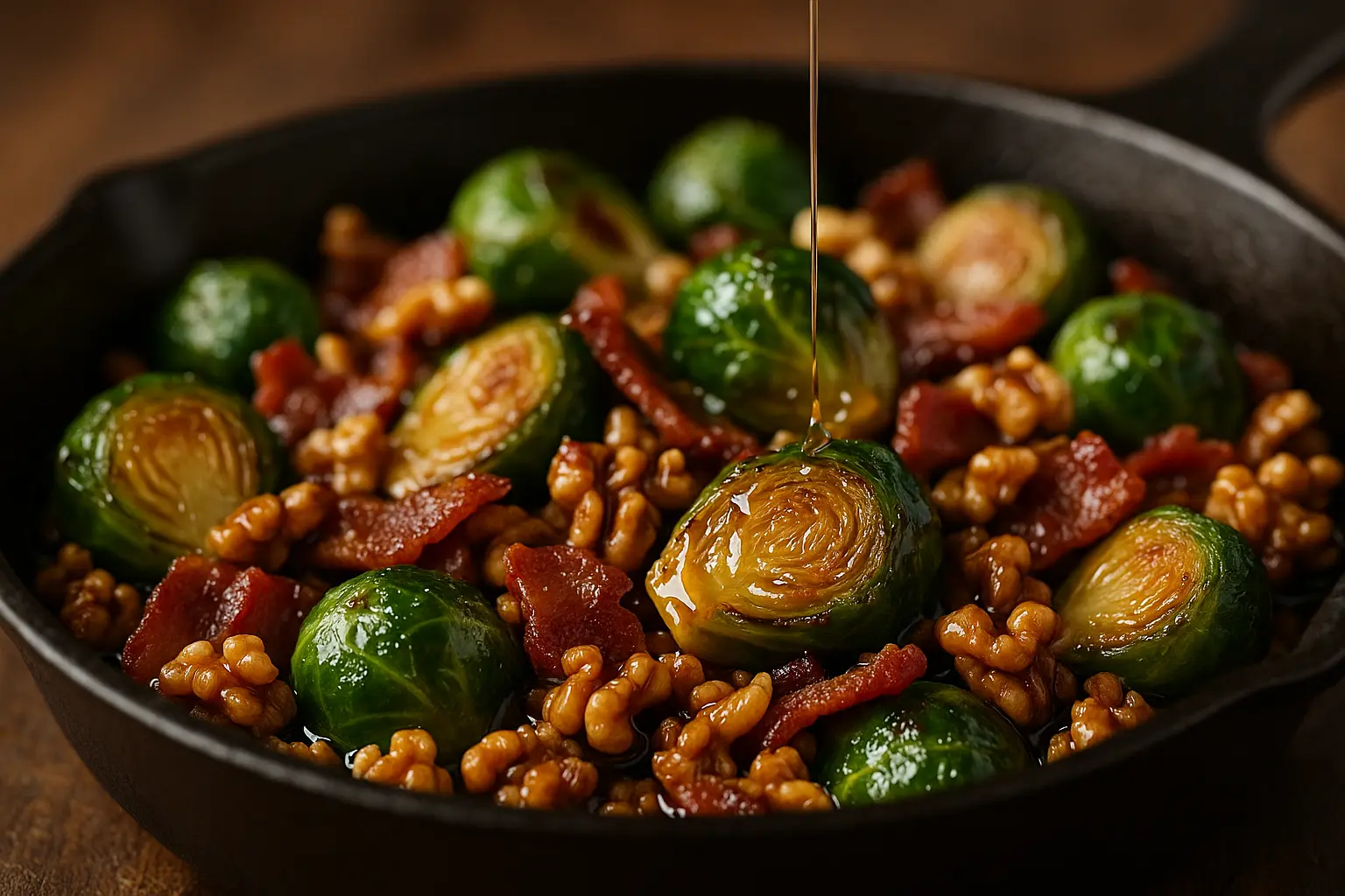 Poêlée de choux de Bruxelles caramélisés au miel, bacon & noix