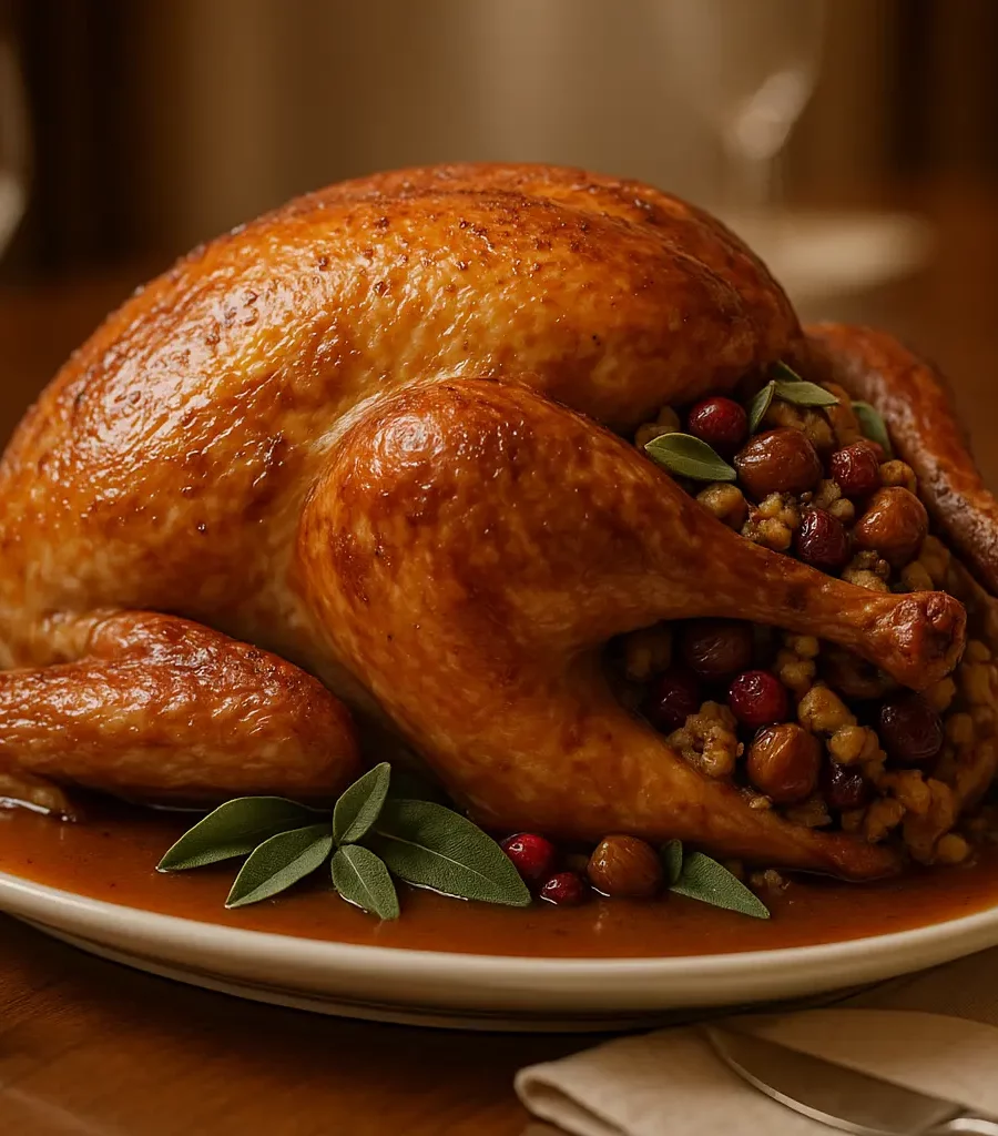 Rôti de dinde farci aux marrons, airelles & sauge