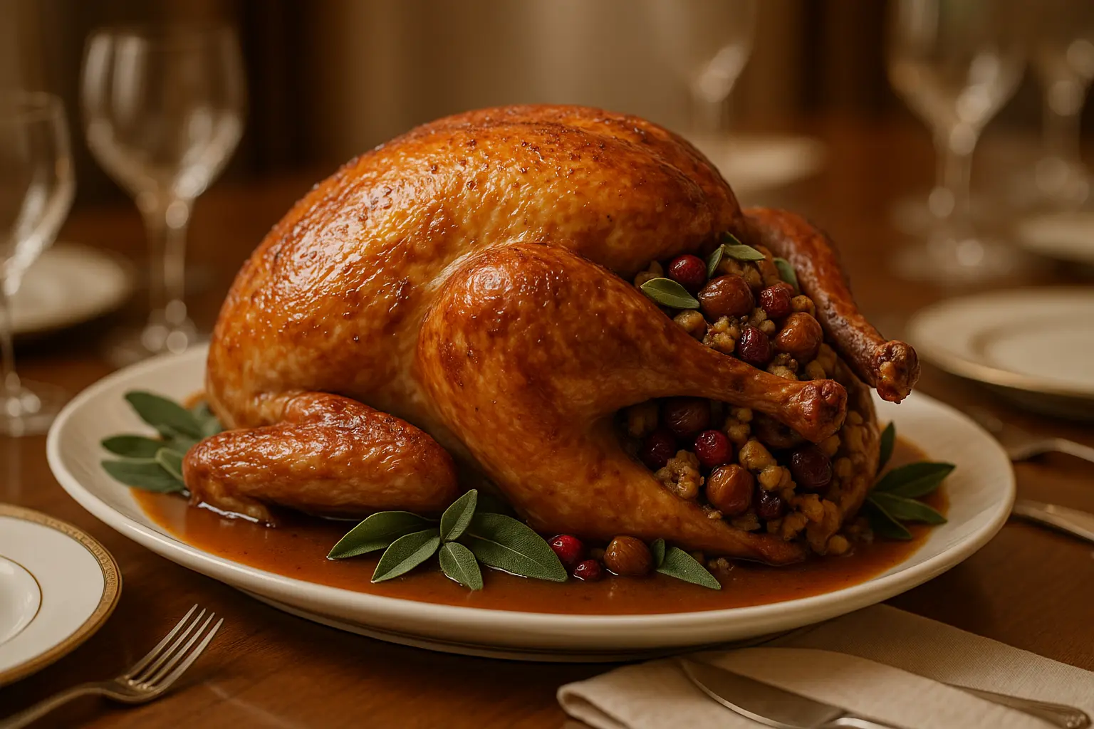 Rôti de dinde farci aux marrons, airelles & sauge