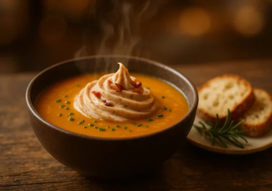 Velouté de potimarron et châtaignes, crème fouettée au lard fumé