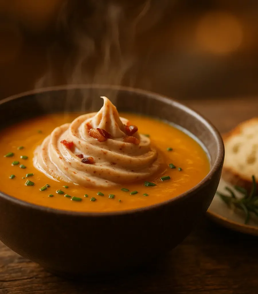Velouté de potimarron et châtaignes, crème fouettée au lard fumé