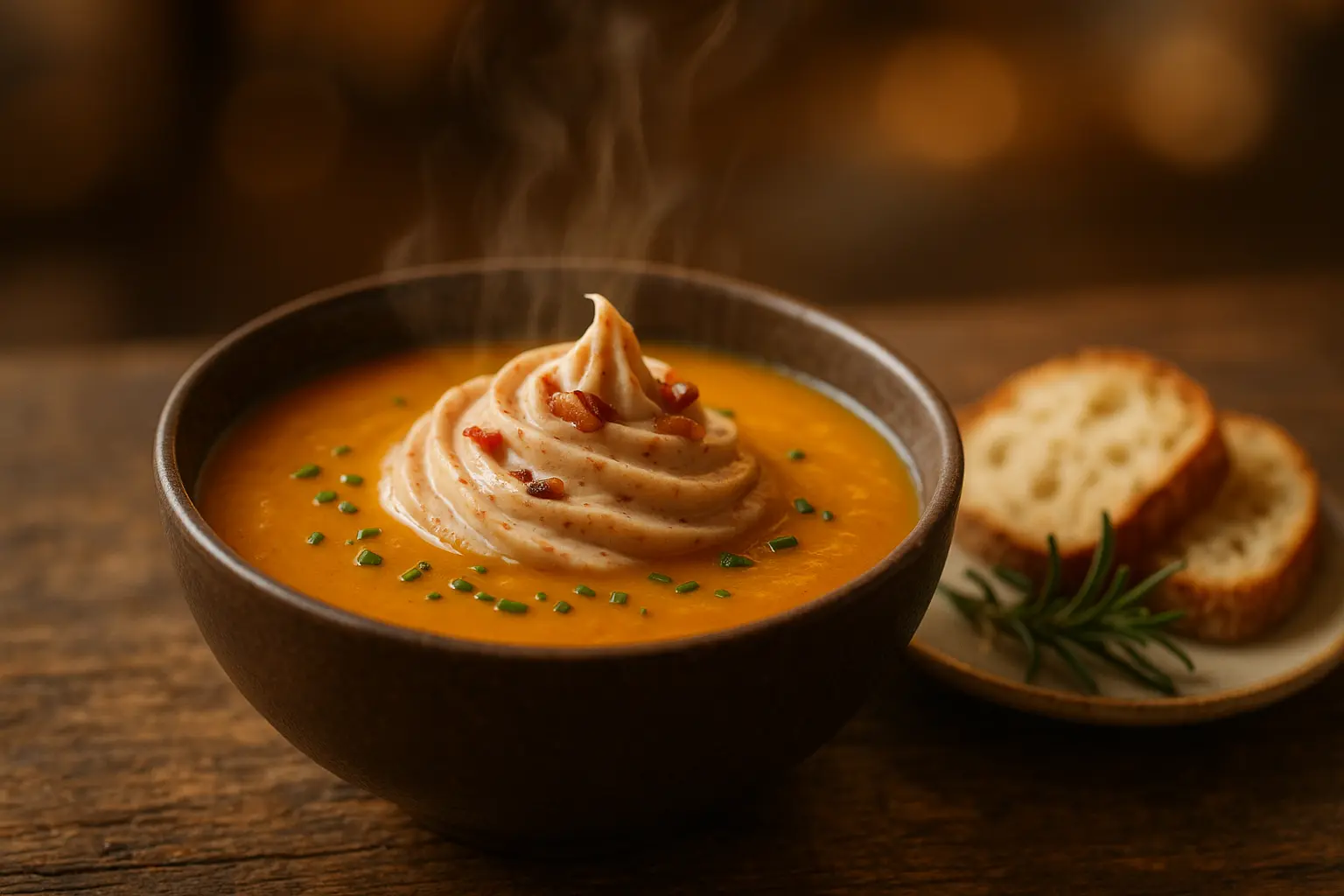 Velouté de potimarron et châtaignes, crème fouettée au lard fumé