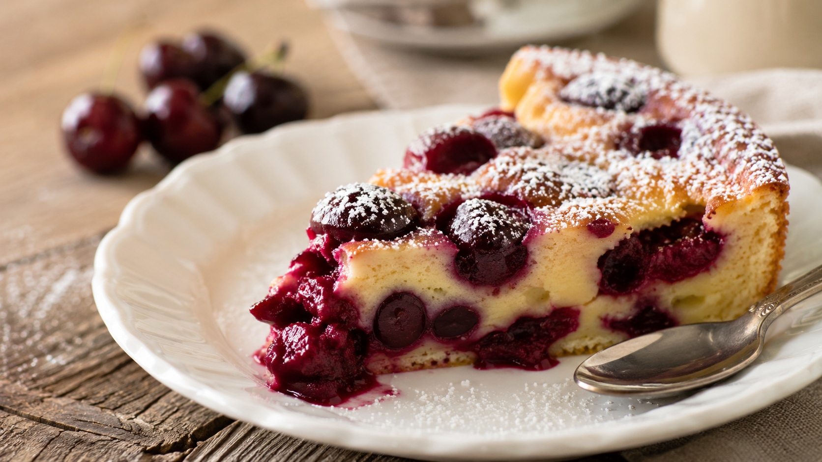 Part de clafoutis aux cerises servie dans une assiette en porcelaine