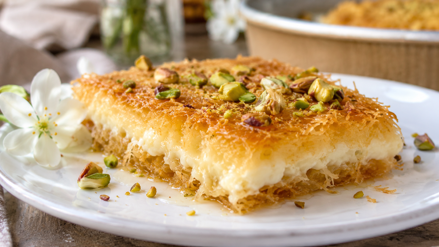 Part de knafeh à la crème aux pistaches et fleur d'oranger