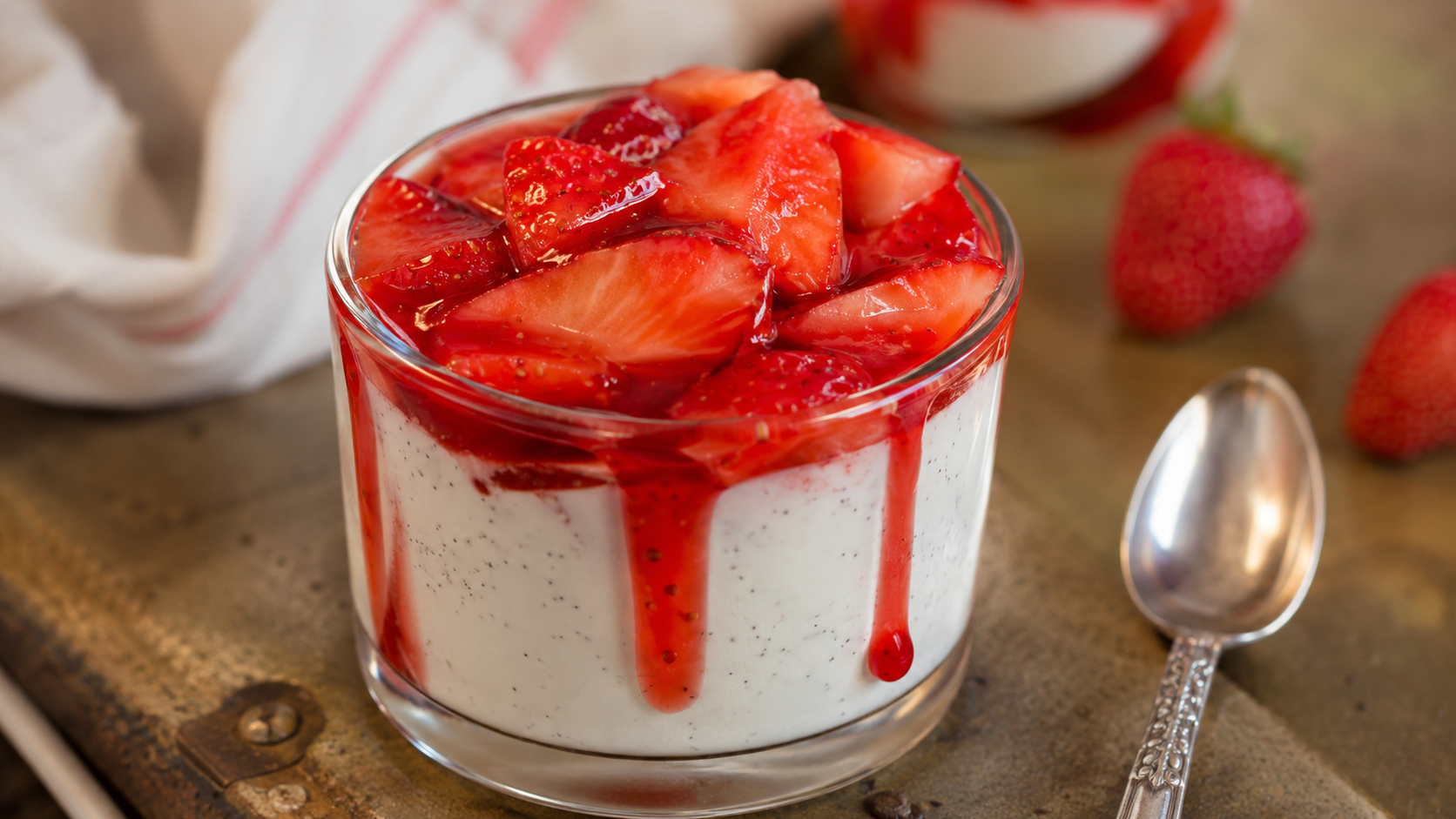 Gros plan sur une verrine de panna cotta aux fraises avec coulis