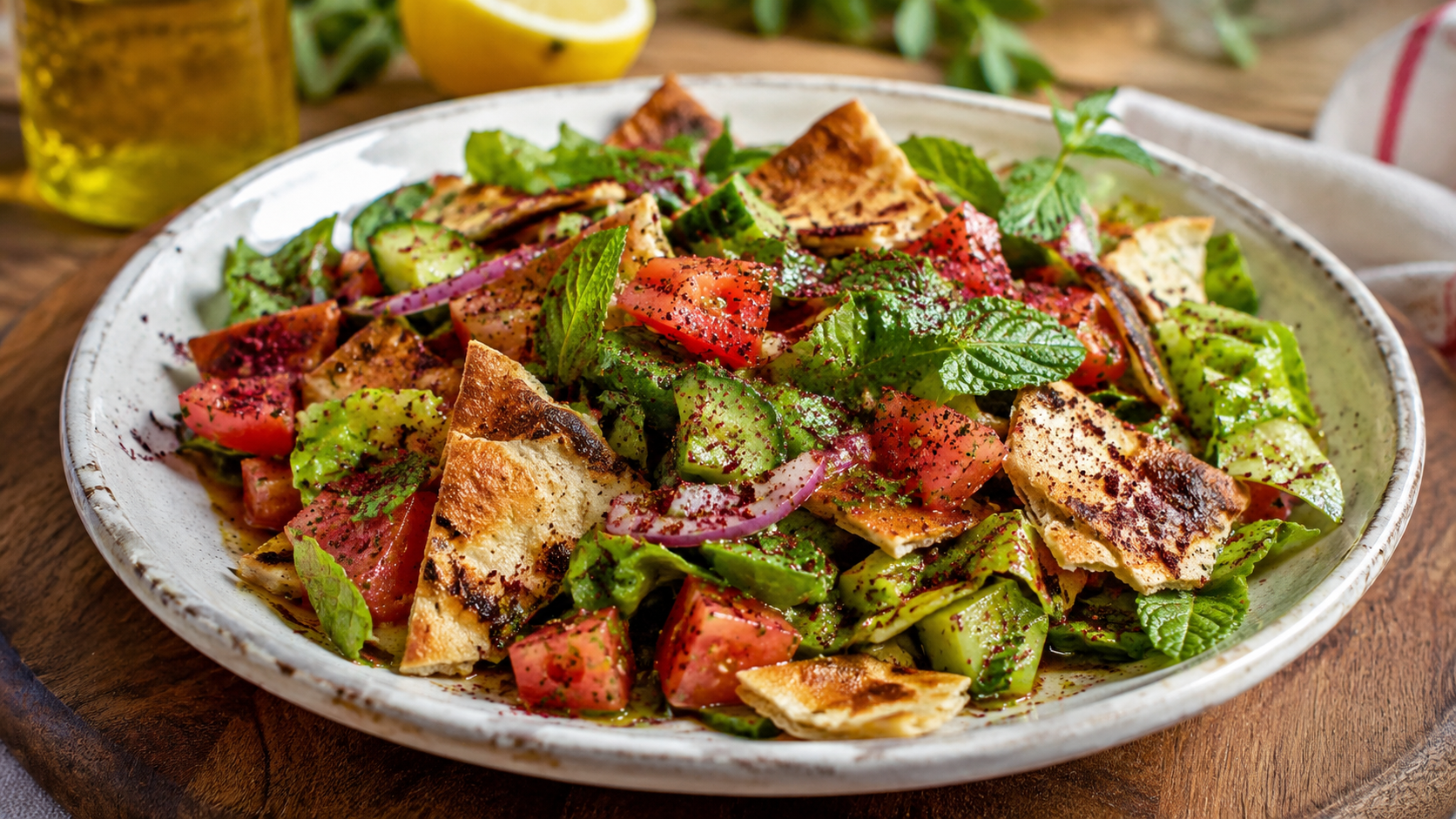 Salade fattouche libanaise servie dans un bol blanc avec pain pita grillé et sumac