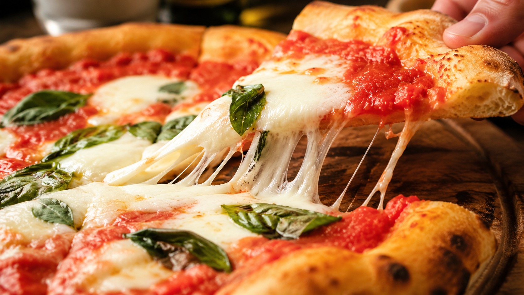 Part de pizza margherita avec mozzarella fondante