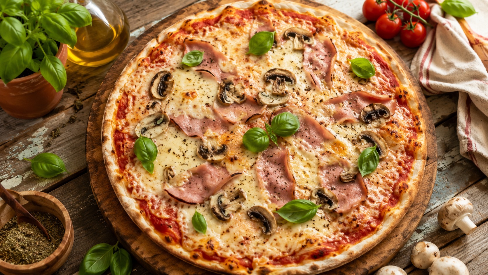 Pizza reine maison au jambon et champignons