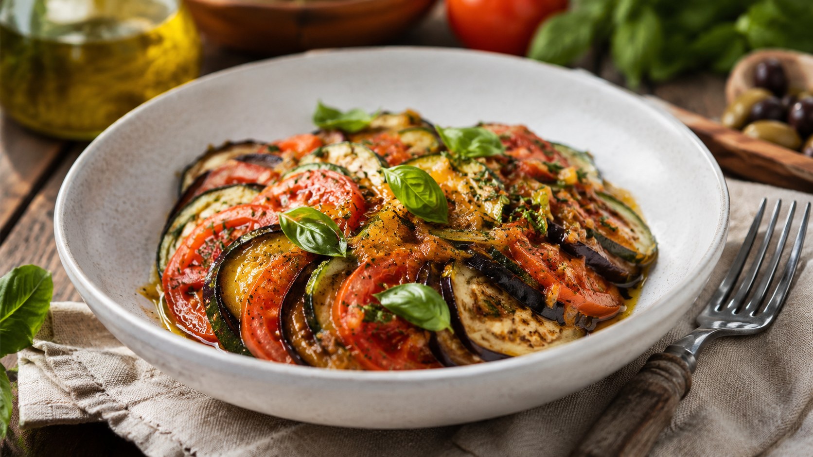 Portion de tian provencal aux legumes d'ete au basilic frais
