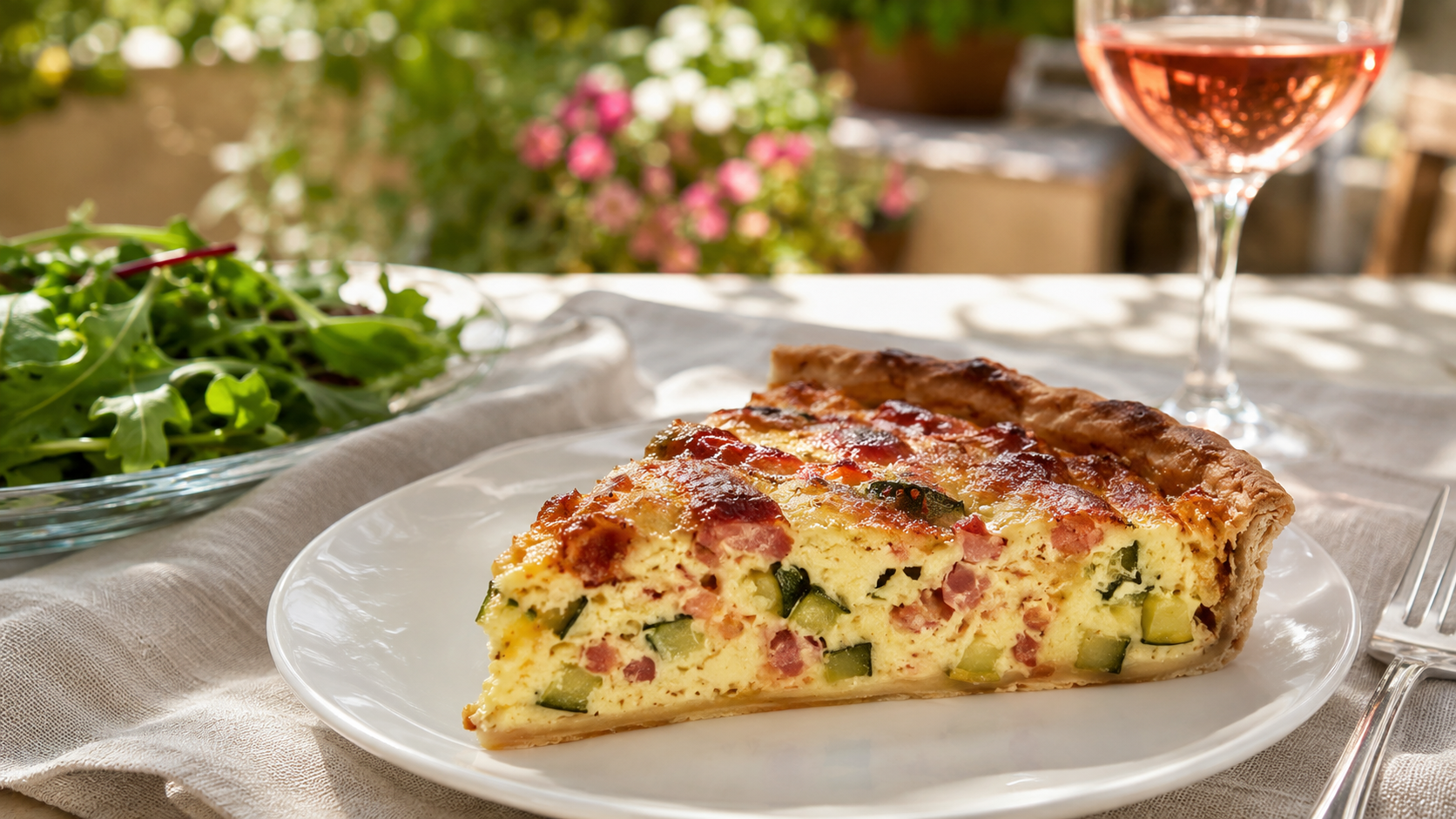 Part de quiche aux courgettes et lardons servie avec salade verte