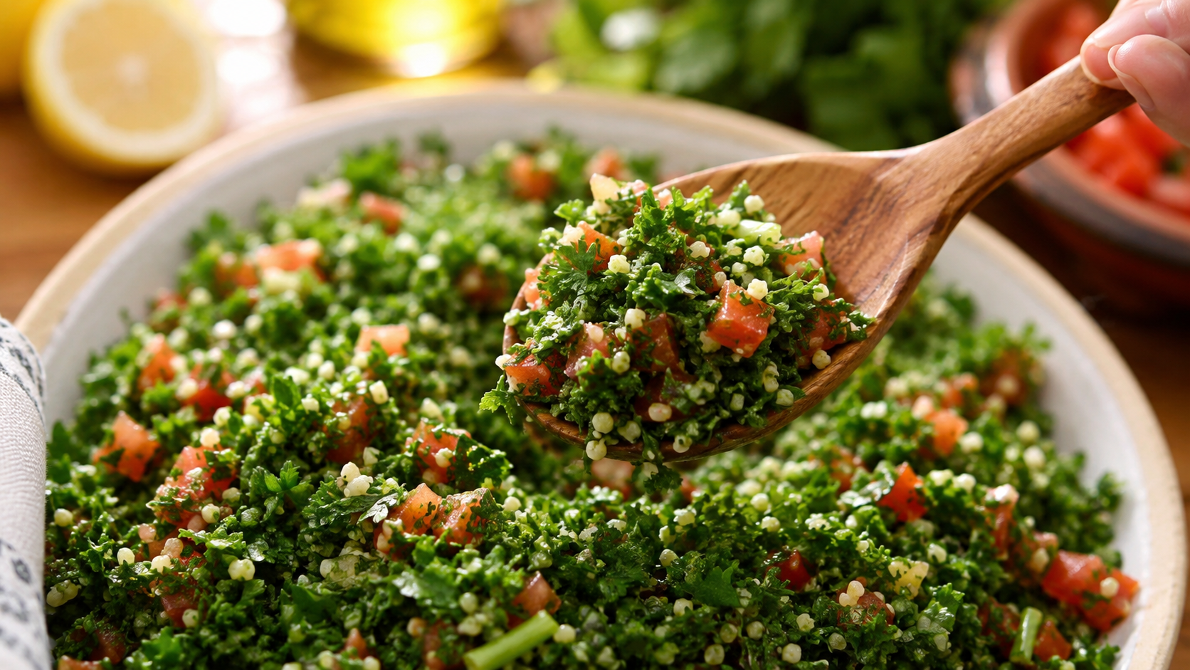 Tabouleh libanais dans un saladier avec persil cisele tomates en des et menthe