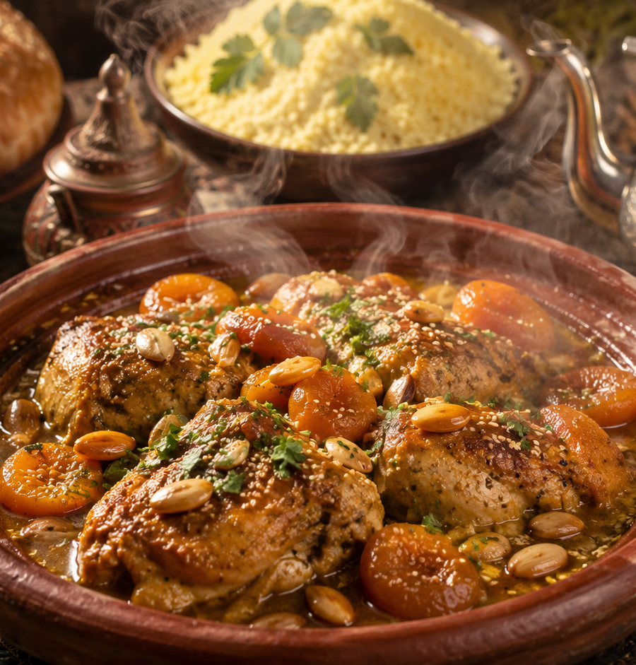 Tajine marocain de poulet aux abricots et amandes