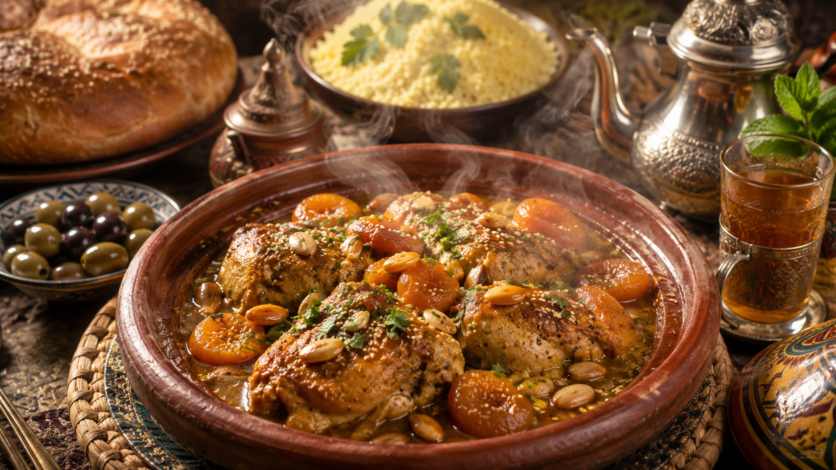 Tajine marocain de poulet aux abricots et amandes