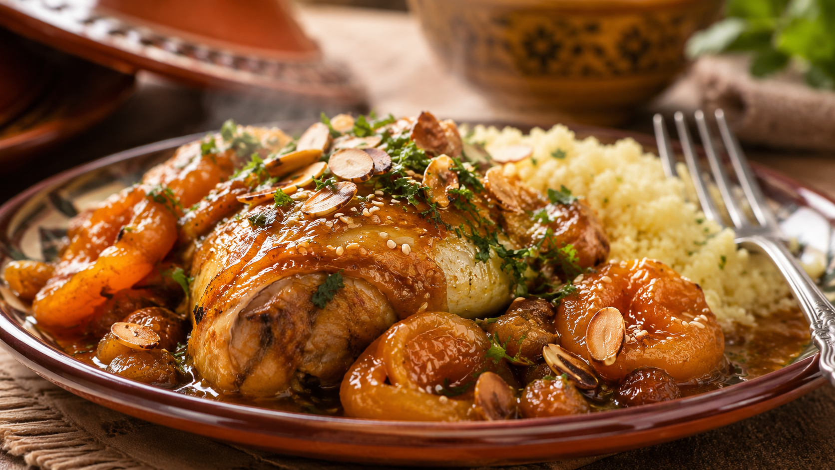 Tajine marocain de poulet aux abricots présenté avec amandes et coriandre fraîche