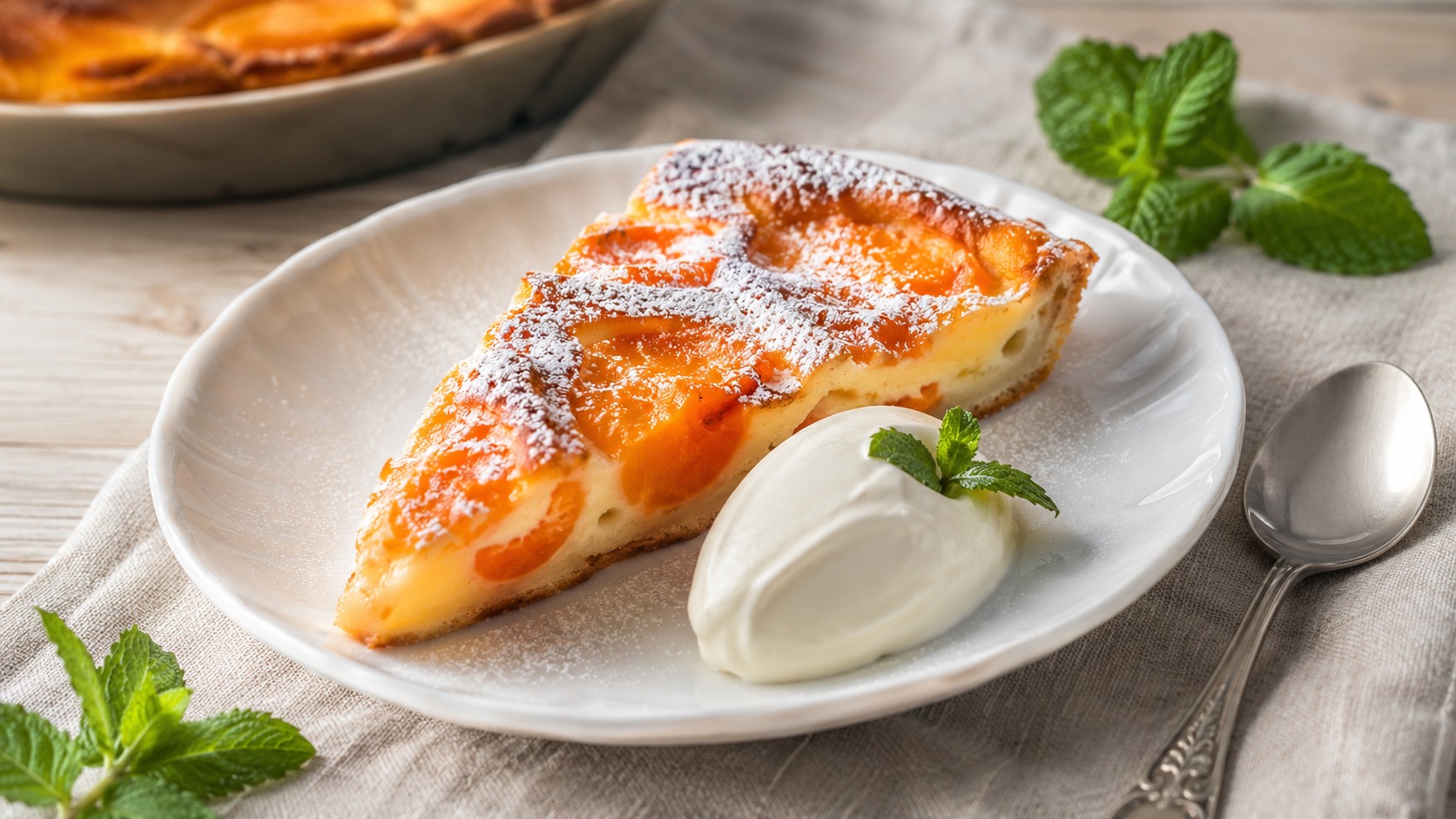 Part de clafoutis aux abricots servie dans une assiette avec une quenelle de creme fraiche