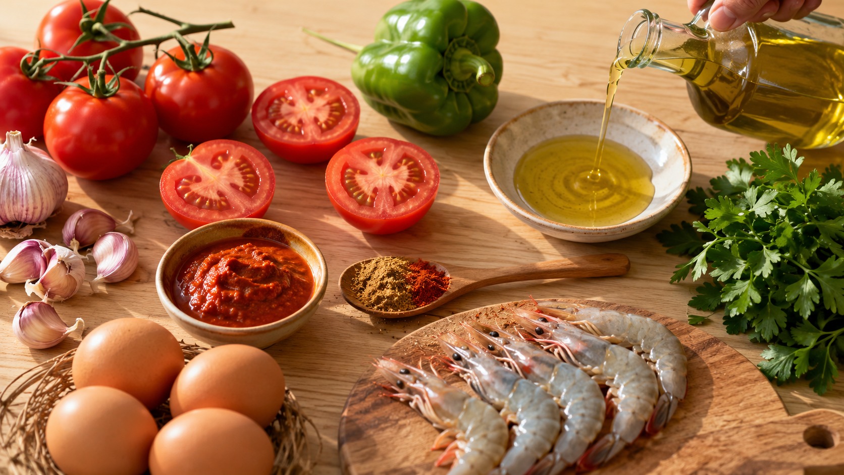 Ojja tunisienne aux crevettes dans une poele en fonte avec oeufs poches