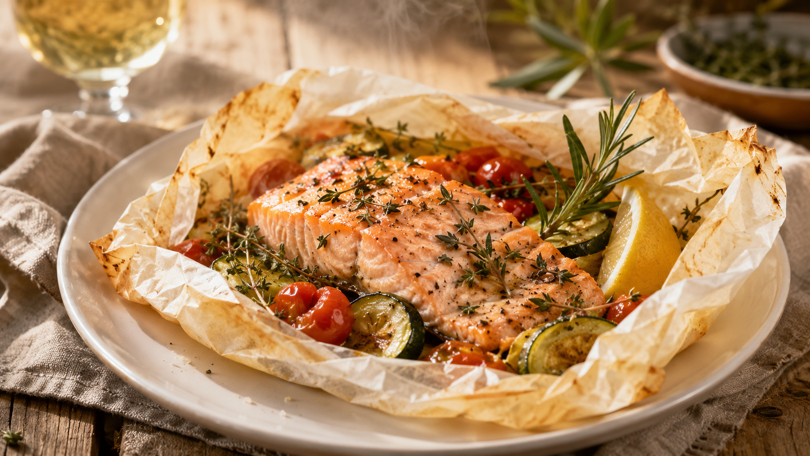 Papillote de saumon ouverte aux herbes de Provence, tomates cerises et courgettes