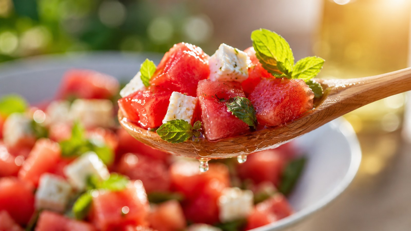 Salade de pastèque, feta et menthe servie dans un saladier