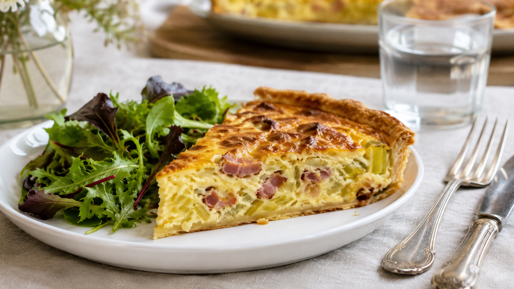Part de quiche aux poireaux et lardons servie avec une salade verte