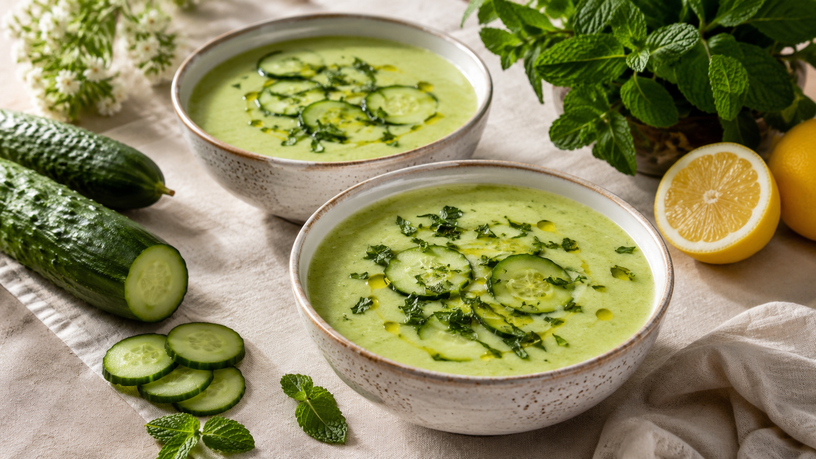 Soupe froide de concombre a la menthe et au yaourt : la recette rafraichissante