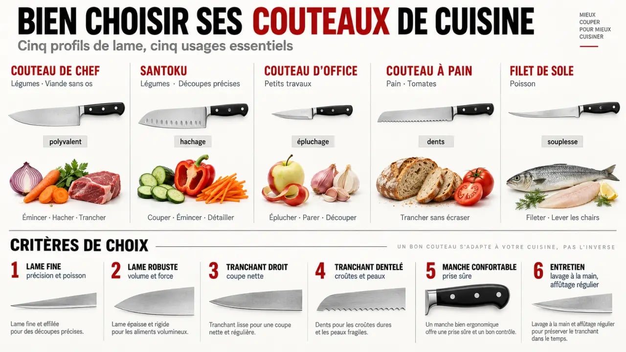 Infographie pour bien choisir ses couteaux pour réussir toutes ses découpes selon les aliments et les usages