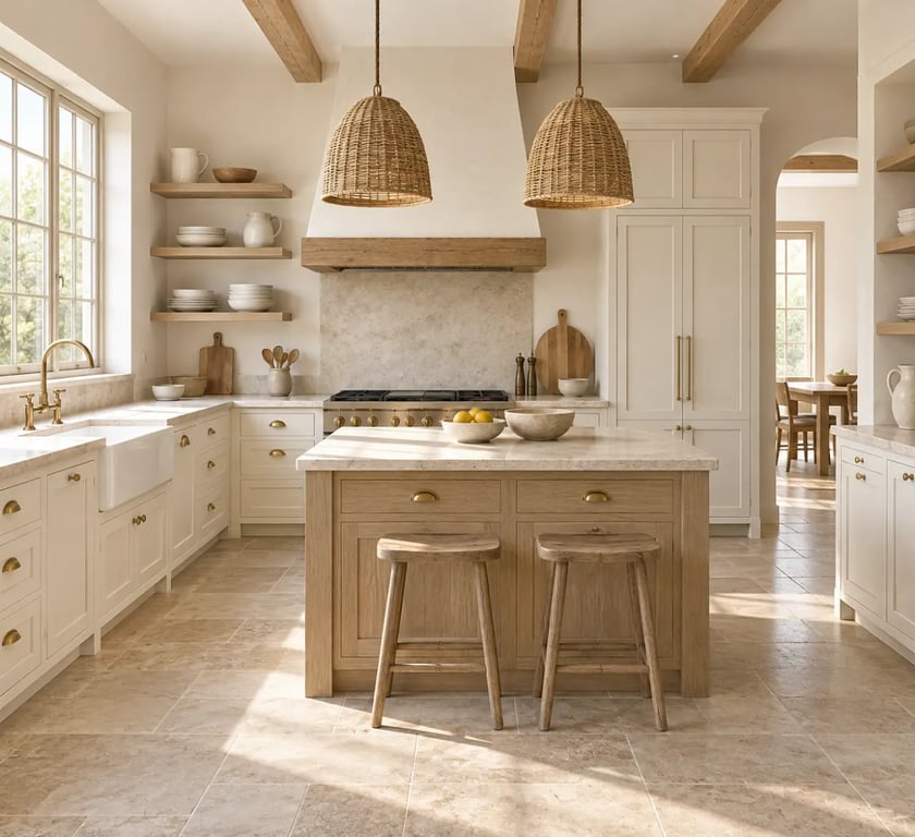 Cuisine rustique inspirée des maisons de campagne avec bois clair, évier timbre d’office et îlot