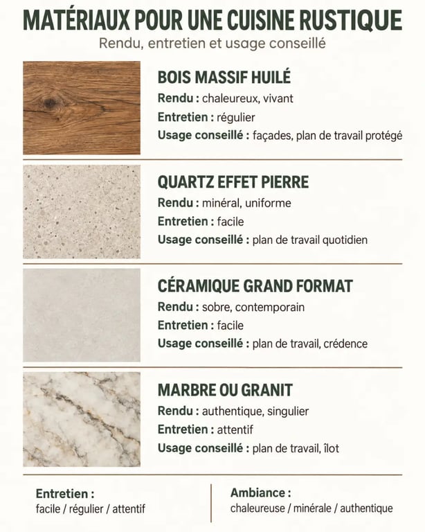 Infographie des matériaux adaptés à une cuisine rustique inspirée des maisons de campagne