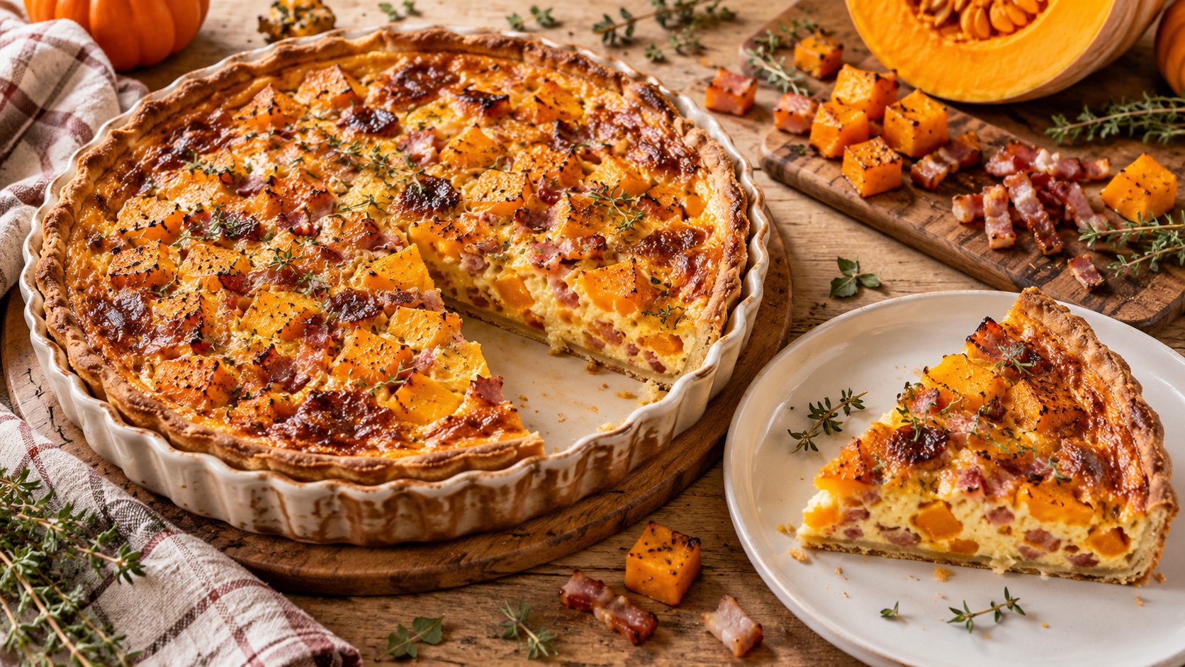 Quiche au potiron et lardons dorée, sortie du four, présentée sur une table en bois avec une part servie sur assiette blanche