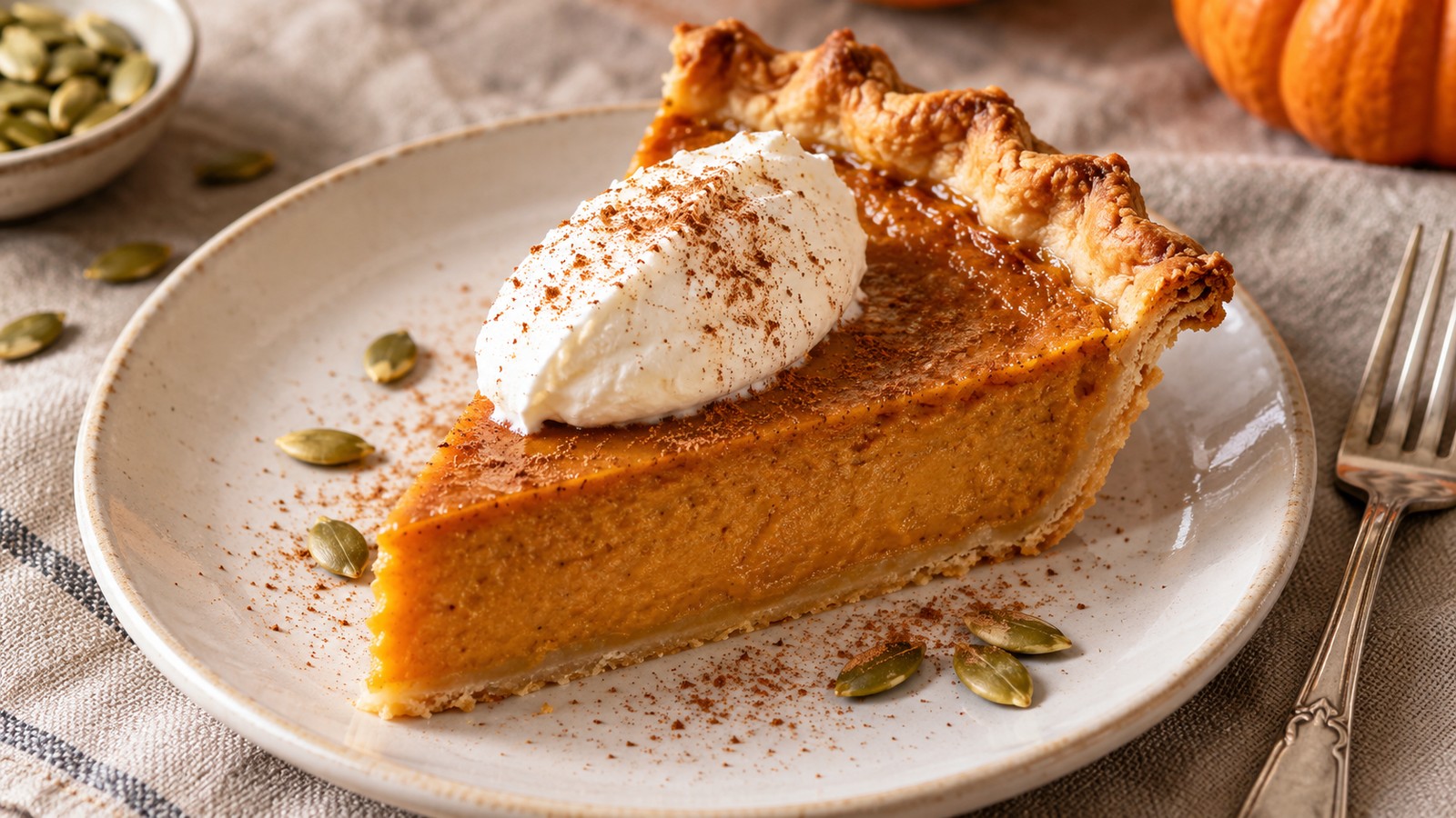 Part de tarte à la citrouille servie avec une quenelle de crème fouettée et une pincée de cannelle