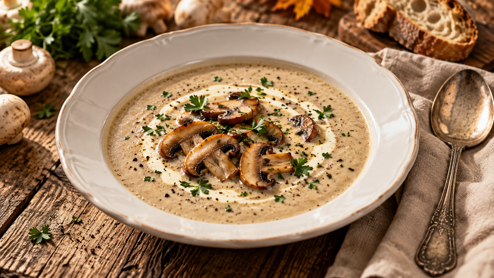 Velouté de champignons crémeux garni de lamelles poêlées et de persil frais